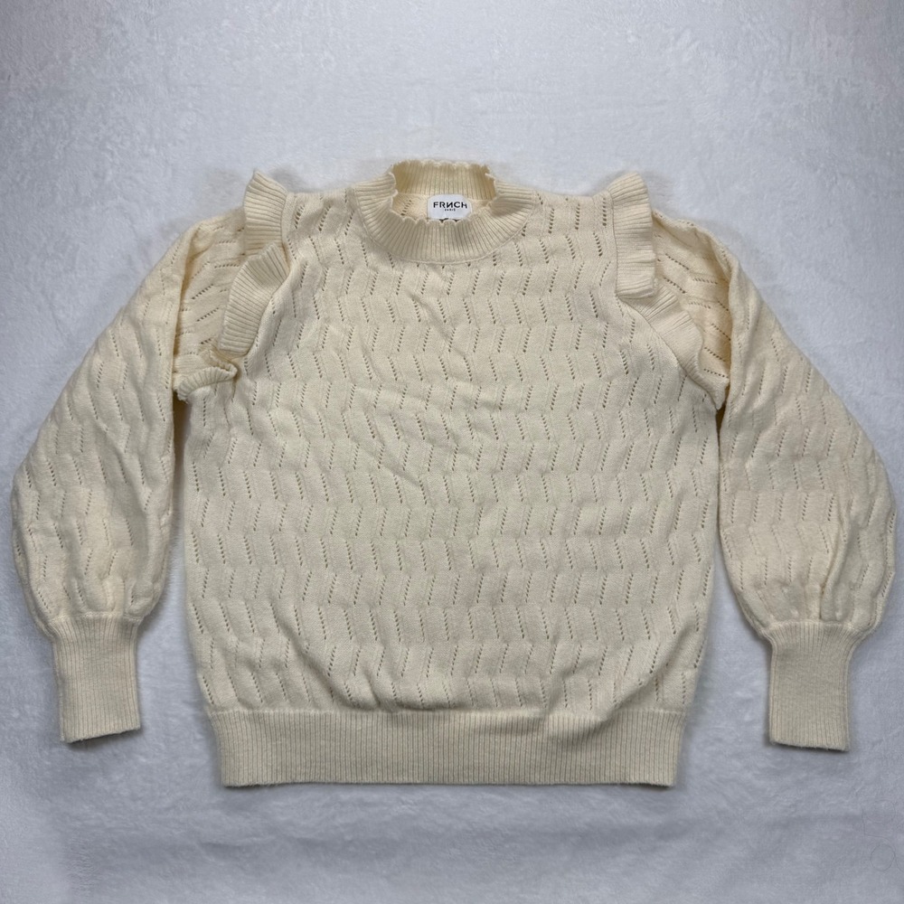 FRNCH Paris Ruffle Shoulder Sweater Open Knit Pullover Cream Size L